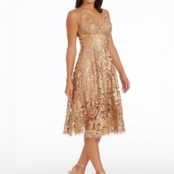 Dress the Population Blair Sequin gold  nude lace midi dress L - Picture 3 of 14